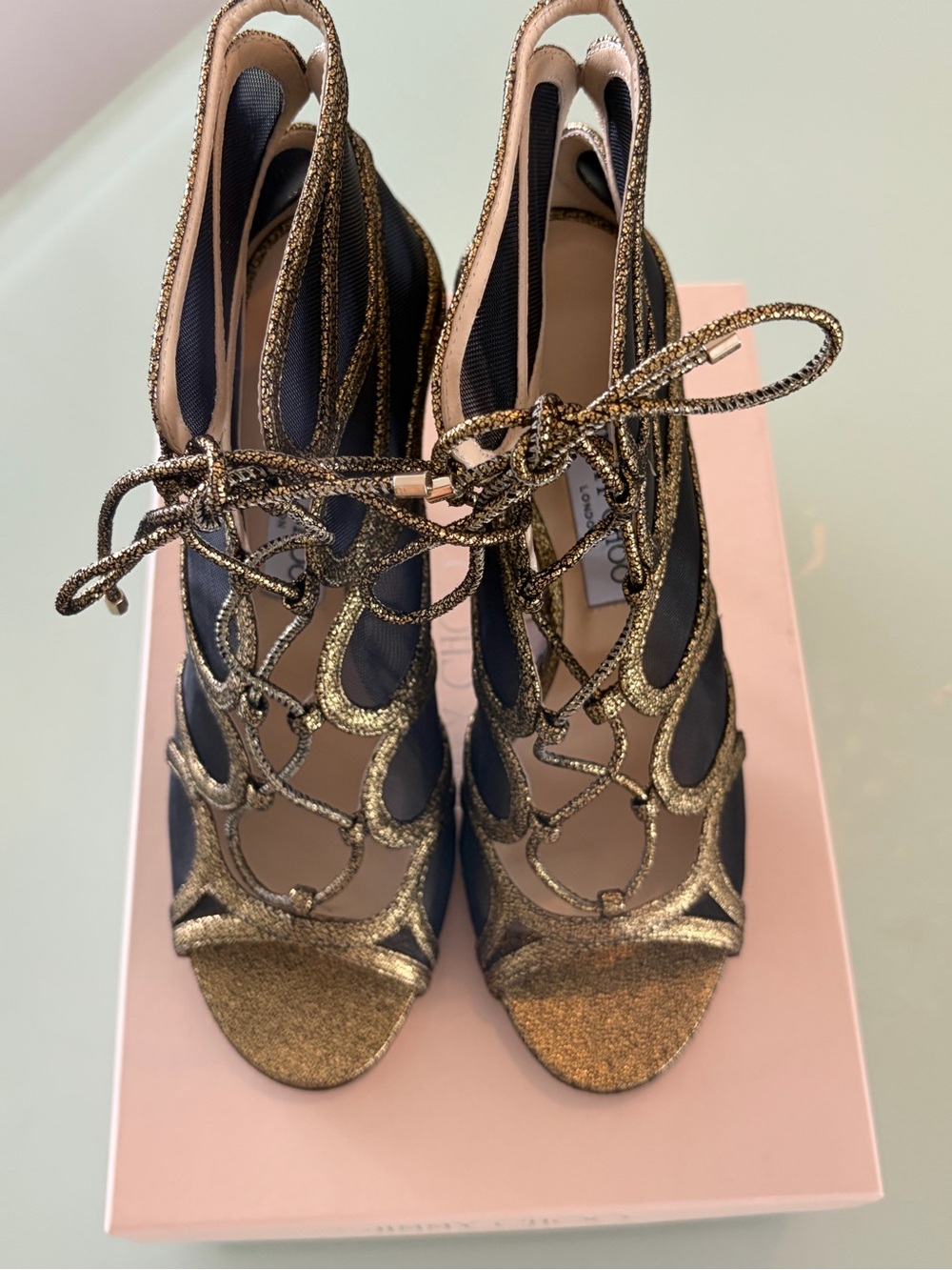 Jimmy Choo Gold Glitter Lace-Up Mesh Stiletto Sandals - Picture 2 of 8